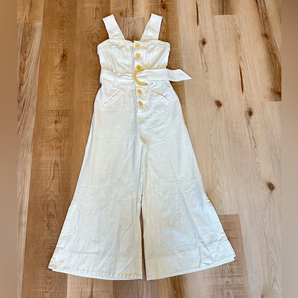 Anthropologie Button Front Belted Wide Leg Crop Jumpsuit Cream Size 00 Linen - Picture 2 of 16